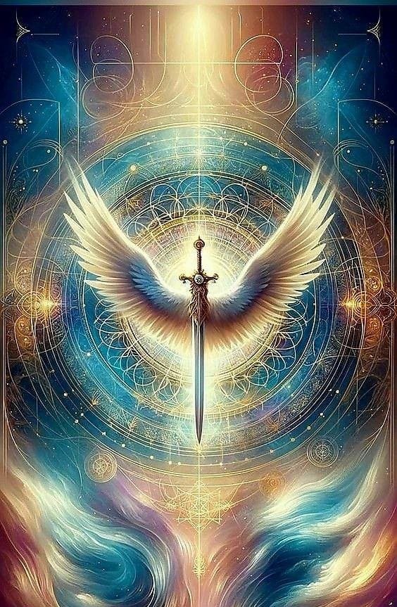 Espada de luz entre alas doradas